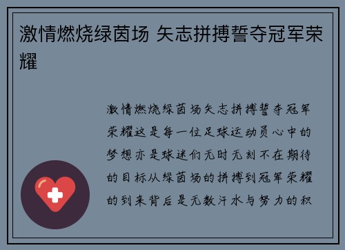 激情燃烧绿茵场 矢志拼搏誓夺冠军荣耀