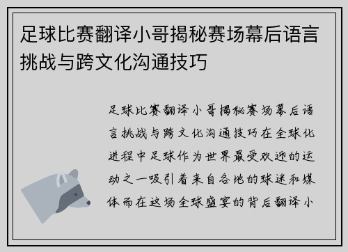 足球比赛翻译小哥揭秘赛场幕后语言挑战与跨文化沟通技巧