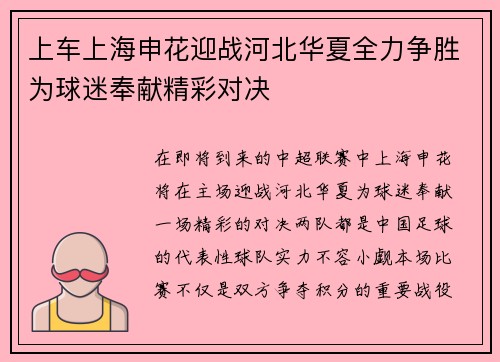 上车上海申花迎战河北华夏全力争胜为球迷奉献精彩对决