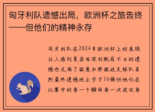匈牙利队遗憾出局，欧洲杯之旅告终——但他们的精神永存