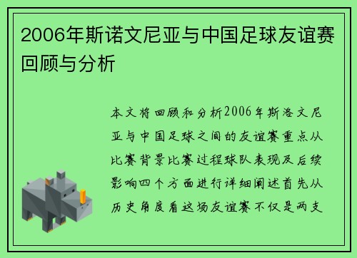 2006年斯诺文尼亚与中国足球友谊赛回顾与分析